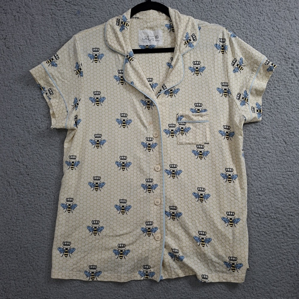 The Cats Pajamas Bee Crown Honeycomb Button Up PJ Top XL Pima Cotton Blend